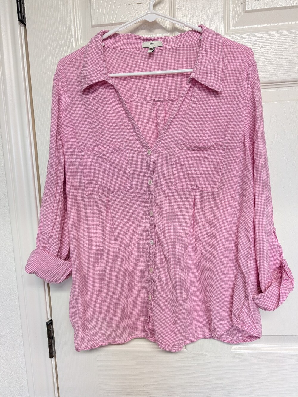 Joie V Neck Button Up LS Shirt Pink Gingham Check Roll Tab 100% Cotton Women's L